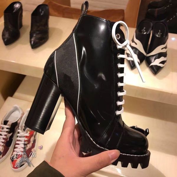 Hot Sale-Box dustbag Boot Combat High Chunky talons Lace up Bottes militaires pour femmes en cuir véritable Grande taille euro 42