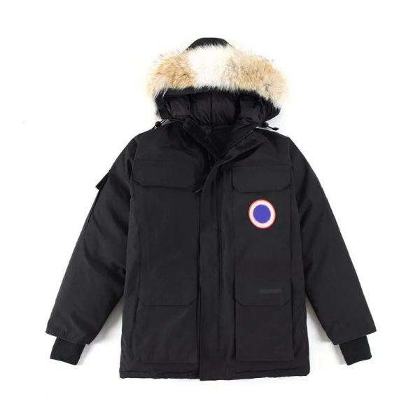 Venta caliente Chaqueta de plumón canadiense 08 Expedición Mujeres y hombres Abrigo de invierno de piel de lobo Longitud media Invierno Nuevo estilo de gansos Ropa superada Abrigos gruesos