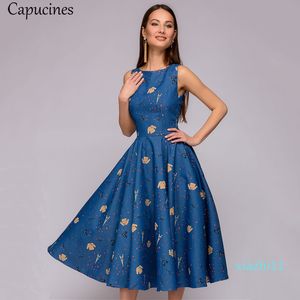 Hot Sale Capucines Elegant Vintage Dot Printing A-Line Women Summer Sleeveless O-Neck Mid-Calf Casual Dress Female Vestidos