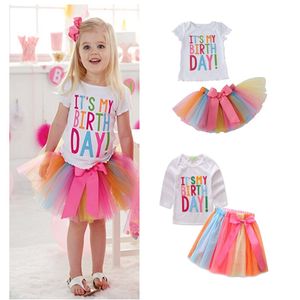 Gran oferta de vestidos de cumpleaños para niños, camiseta con letras y falda de gasa con tutú de arcoíris, vestido en capas para niños de boutique