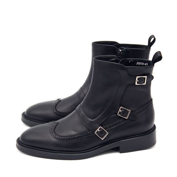 Gran oferta-Botas clásicas de cuero de vaca con cremallera lateral tallada para hombre, botas con correa de monje en punta estrecha negra a la moda, hebilla aumentada de altura