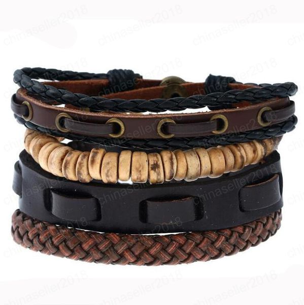 Offre spéciale Bracelet en peau de vache Bracelet rétro perles en bois Bracelet en cuir pour hommes taille réglable 4 styles/1 ensemble