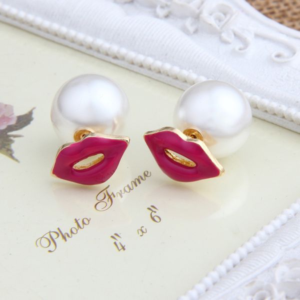 Offre spéciale boucles d'oreilles créatives double face perle boucles d'oreilles femmes mode sexy rouge lèvre perle goujons