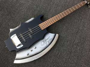 Hot Sale Custom 4-snarige basgitaar met bijlhandtekening en vorm, 3 open pickups, chromen hardware, kan worden aangepast