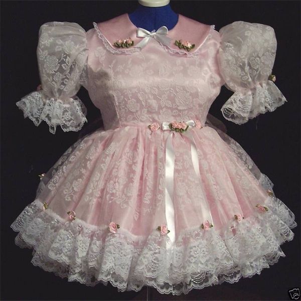 Venta caliente Vestidos lindos de niña de flores Cuello de solapa rosa Apliques de encaje Vestido de desfile de niña Vestido de cumpleaños hasta la rodilla de manga corta de satén con volantes