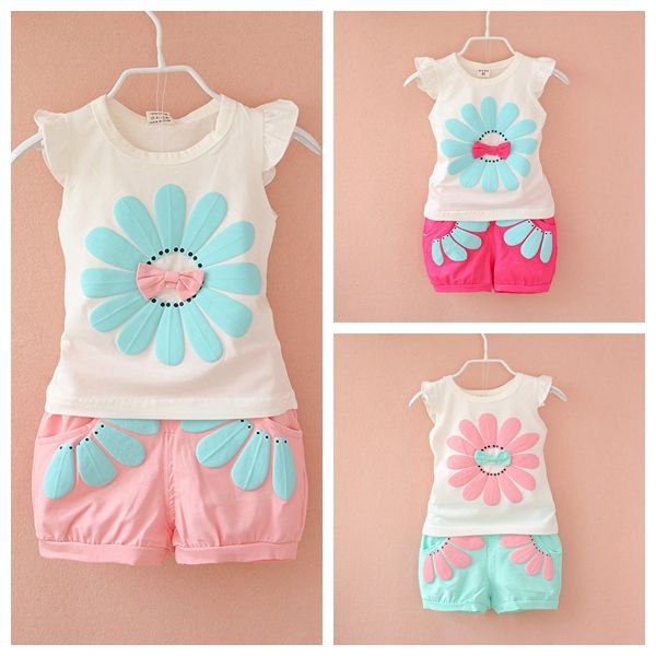 Venta caliente niñas lindas bebé niños flores tops camisa + pantalones cortos 2 unids/set trajes de verano ropa de alta calidad