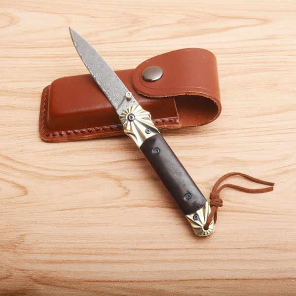 Damasco recogiendo cuchillo plegable Damasco-Steel Blade Cobre + Cuchillos de bolsillo de mango de ébano con funda de cuero