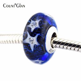 Hot Koop Donkerblauw Shining Stars in the Night Sky Charm Silver Beads Past Pandora Charms Armbanden Kralen DIY voor Sieraden Maken