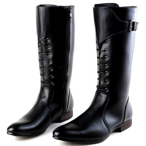 Hot Koop-Design Nieuwe Tij Lange Laarzen voor Mannen Puntschoen Lace-up met Gesp Motorcycle Boot Man Dressing PU Leather Martin Boot 38-44