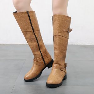 Hot koop designer halve ridder ridder laarzen ronde neus plus size schoenen vrouwen dikke hakken met gesp 4 kleuren solide booties