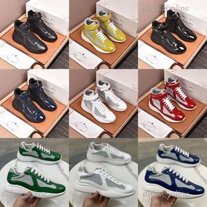 Venta caliente Diseñador prad America's Cup Charol Zapatos casuales Hombres Alta calidad Cueros reales Entrenadores Zapatillas de deporte con cordones negros Entrenador para correr al aire libre