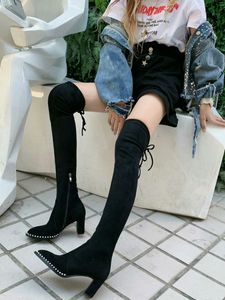 Vente chaude-Designer Femmes Bottes sur le genou cuissardes Martin Desert femme chaussons 6cm noir Stretch talons hauts chaussures femmes bottes