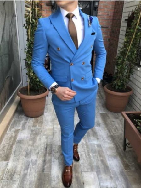 Gran oferta, trajes de boda azules con doble botonadura para hombre, solapa de pico, esmoquin de dos piezas para novio de negocios (chaqueta + pantalón + corbata) W1199
