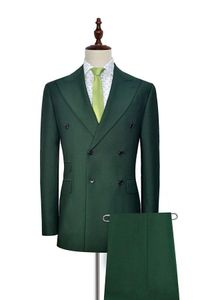 Vente chaude Double Boutonnage Vert Foncé De Mariage Hommes Costumes Peak Revers Deux Pièces Business Groom Tuxedos (Veste + Pantalon + Cravate) W1213