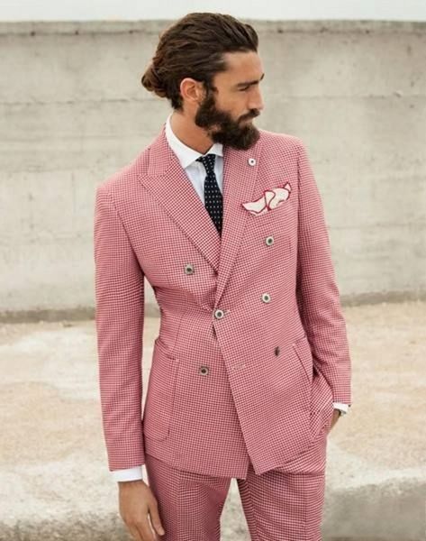 Meilleur Prix Costumes de mariage pied-de-poule rose à Double boutonnage pour hommes, deux pièces à revers, Tuxedos de marié d'affaires (veste + pantalon + cravate) W1215