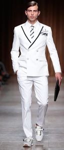 Vente chaude Double Boutonnage Blanc Mariage Hommes Costumes Peak Revers Deux Pièces Business Groom Tuxedos (Veste + Pantalon + Cravate) W1202