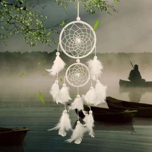 Hot Sale Dream Catcher White Feather Net met 2 ringen Dreamcatcher Craft voor hangende decoratie -accessoires Verjaardagscadeaus LL