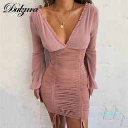 Vente chaude Dulzura 2019 automne hiver femmes mini robe à manches longues cordon volant moulante vêtements fête élégant dîner maille bandage