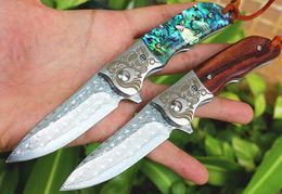 EDC Pocket Flipper Folding Mes VG10 DAMASCUS Steel Drop Point Blade Rosewood / Abalone Shell Handvat Kogellager Messen