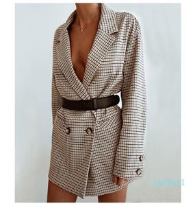 Hot koop elegante plaid blazer jurk winter herfst vrouwen lange mouw oversized jas office dame wrap bodycon casual streetwear