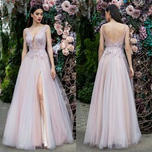 Hot Koop Avondjurken Geappliceerd Kant Sexy V-hals Custom Made Prom Dresses Side Split Rugless A Line Formele Pageant Party Jurk