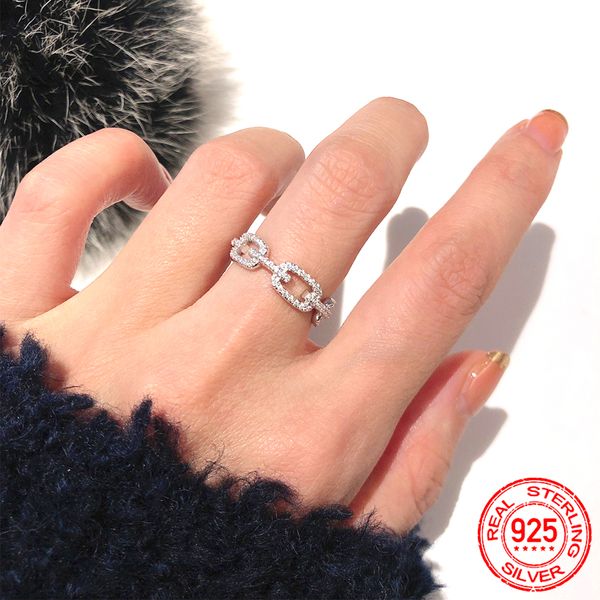 Anillos de plata de ley 100% 925 a la moda, anillo de diamante de laboratorio con eslabones de cadena, anillos de compromiso de boda, regalo de joyería para mujeres XR450