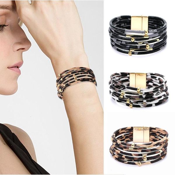 Gran oferta, pulseras de cuero de leopardo de 3 colores para mujer, brazaletes multicapa bohemios, pulseras de envoltura ancha, regalos de joyería