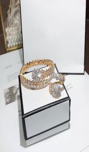 Hot Sale modemerk sieraden sets Lady Brass Ladder Square Diamond zoals 18k gouden bruiloft verloving Open armbanden ringen sets (1Sets) 7364193