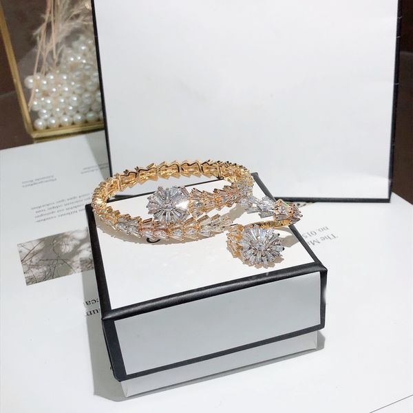 Ensembles de bijoux de marque de mode de vente chaude Lady Brass Ladder Square Diamond Snakelike 18K Gold Wedding Engagement Open Bracelets Rings Sets (1Sets)