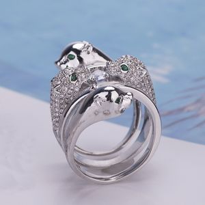 Hot Koop Mode Dame Messing Groene Ogen Diamond Four Leopard Hoofd 18 K Gouden Bruiloft Engagement Wide Rings Size6-9