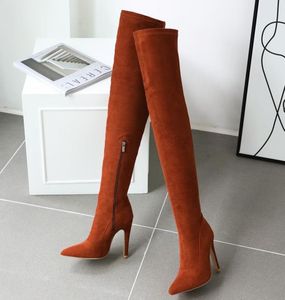 Hot Sale- Mode Oranje Synthetisch Suède Puntige Hoge Hak Over de knie Dij Hoge Laarzen Rood Zwart
