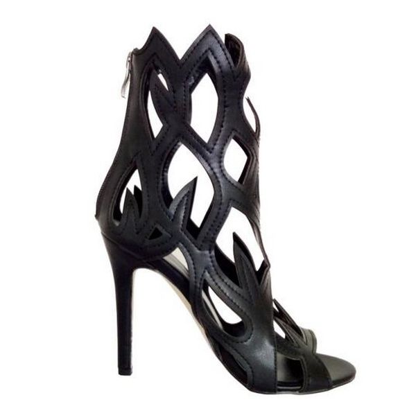 Vente chaude-Mode Femmes Talons Hauts Sandales Creux Feu Discothèque À Talons Hauts En Cuir Noir Bouche De Poisson Chaussures Sexy Découpes Robe De Soirée Chaussures