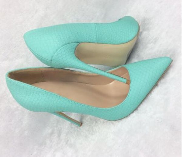 Gran oferta: zapatos de tacón fino con punta de serpiente verde menta para mujer, zapatos de tacón fino, piel auténtica, foto real, zapatos de boda