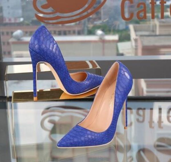 Vente chaude- Mode femmes Royal Blue serpent python bout pointu chaussures de mariage talons hauts chaussures à talons fins pompes en cuir véritable 120mm 10 8cm