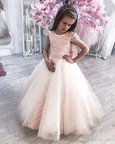 Venta caliente vestidos de niña de las flores de encaje con apliques con botón en la espalda fajas vestido de bola desfile vestidos de niña