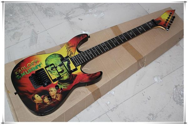 Guitare électrique KARLOFF TheMUMMY personnalisée en usine avec incrustation de tête de mort, matériel noir, offre personnalisée