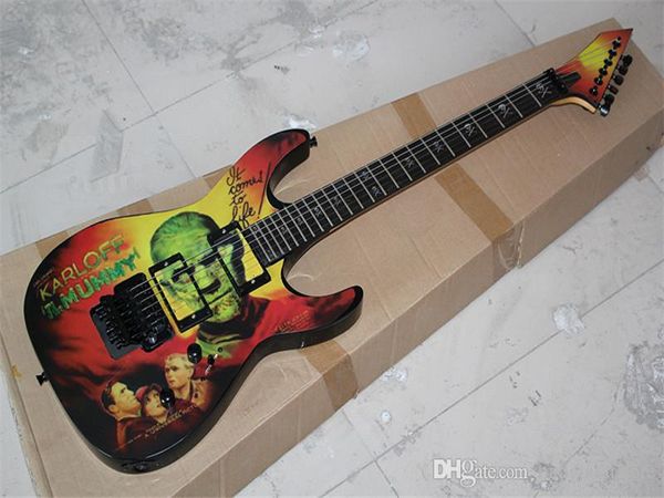 Grosses soldes! Guitare électrique Floyd Rose KARLOFF TheMUMMY avec incrustation de tête de mort, matériel noir, offre personnalisée