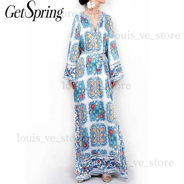 Vente chaude GETSPRING Femmes Robe D'été Maxi Robe Imprimer Robes En Mousseline De Soie Col En V À Manches Longues Lâche Split Bohême Boho Floral Plus La Taille Gratuit T230808