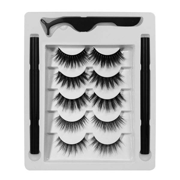 Vente chaude Faux Cils Sans Colle Épais Naturel Long Auto-Adhésif Faux Cils 5 Paires Ensemble Avec Double Eyeliner + Pince À Épiler DHL Gratuit