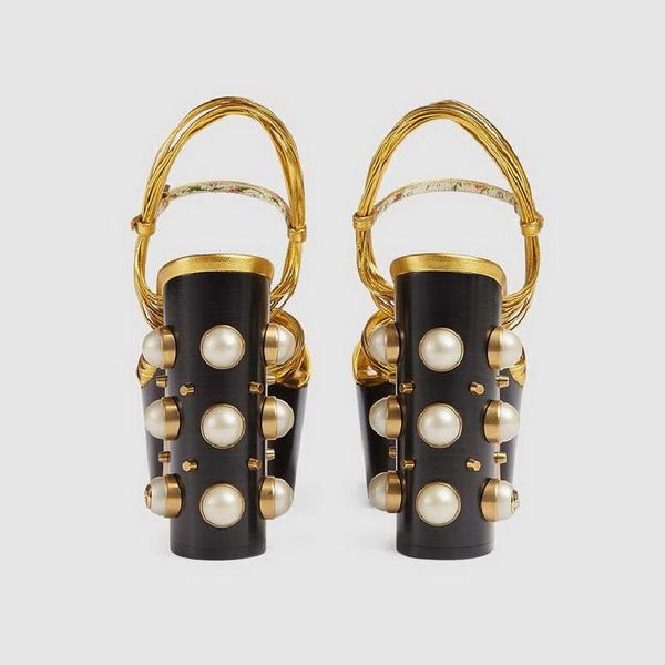 Venta caliente Gold Black Summer T Show Stage Lady Platform Sandals with Pearls Sexy Rivets Sandalas