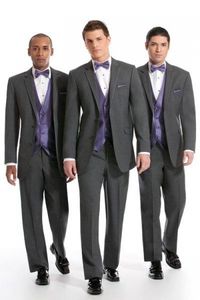 Vente chaude Tuxedos de marié gris revers cranté deux boutons robe de mariée pour hommes meilleur costume collectif de bal d'affaires pour hommes populaires (veste + pantalon + cravate + gilet) 2