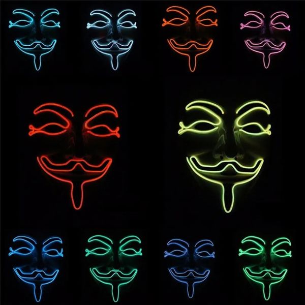 Venta caliente Máscara de Halloween LED Light Up Máscaras divertidas Vendetta wire Máscara intermitente Cosplay Máscara anónima para brillar en la oscuridad DHL gratis G0721