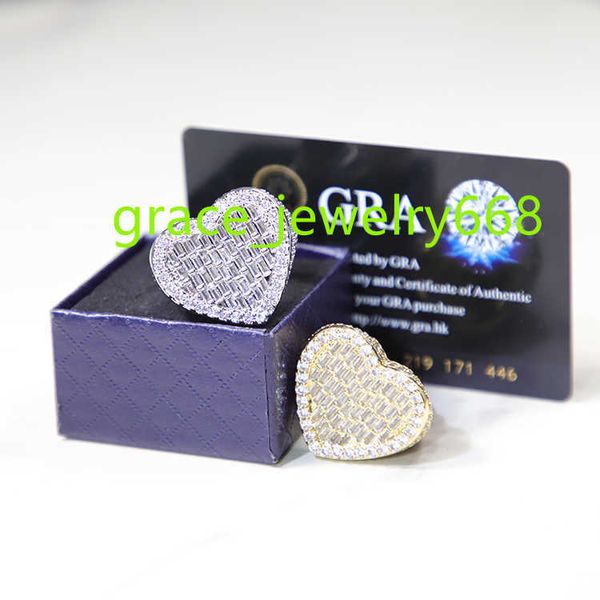 Gran oferta de piedras moissanita VVS chapadas en oro de 18 quilates con forma de corazón y anillos de plata de ley 925 de hip hop, joyería