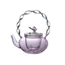 Hot Koop Hoge Borosilicaatglas Twist Patroon Roze Beam Ketel Kokend Vlinder Ketel Verdikte Glazen Theepot Thee Set 700 ml