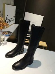 Hot koop-hoge kwaliteit leer over de knie laarzen dikke bodem elastische hoog om platte schoenen zwarte veter-up vrouw mode schoen te helpen