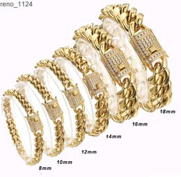 Offre spéciale HipHop bijoux gros acier inoxydable 14K 18K plaqué or CZ chaîne cubaine poignet main Bracelet