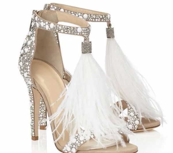 Venta caliente-Venta caliente-Nuevo diseñador de moda Zapatos de mujer con diamantes de imitación de plumas Sandalias de verano Tacones altos Cristales Zapatos de novia de fiesta