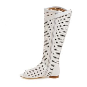 Hot Sale-Kcenid Plus Size 34-47 Zomerlaarzen Sexy Cut-Out Knie Hoge Laarzen Damesschoenen Peep Teen Gesp Lage Hak Wit Lady Mode Schoenen