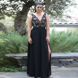 Hot Sale Lace Plus size prom -jurken Plungende nekzijde Split avondjurken vloer lengte chiffon formele jurk 407