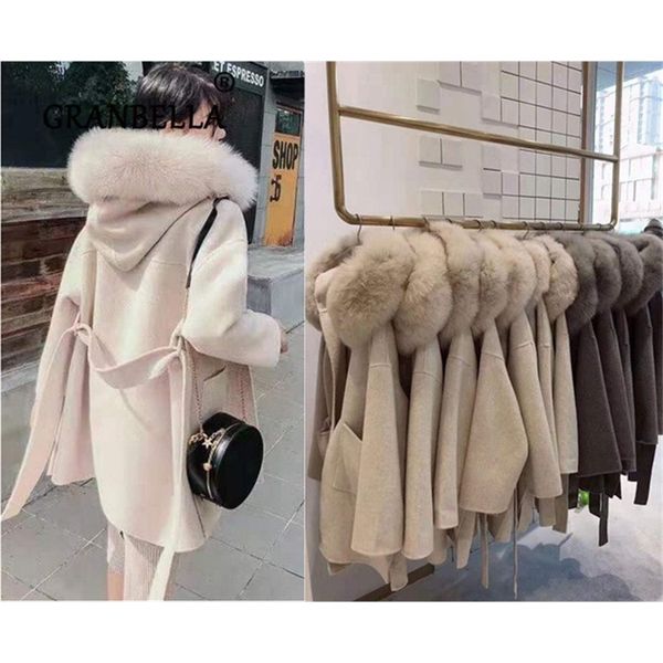 Venta caliente de las señoras de la marca famosa de lujo con capucha abrigo de cachemira Outwear Natural Fox Fur Collar para mujer abrigos de lana de cordero T200315